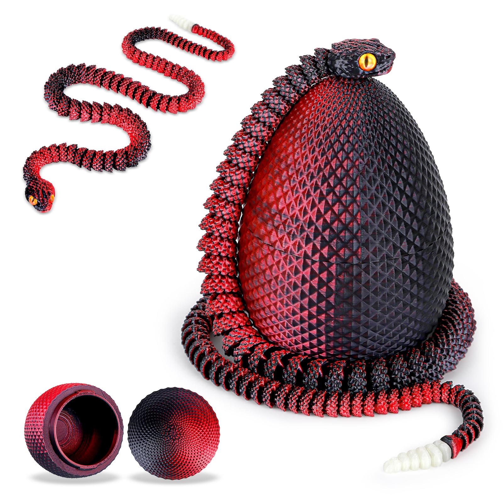 Black and red articulated snake emerging from a 3D printed egg