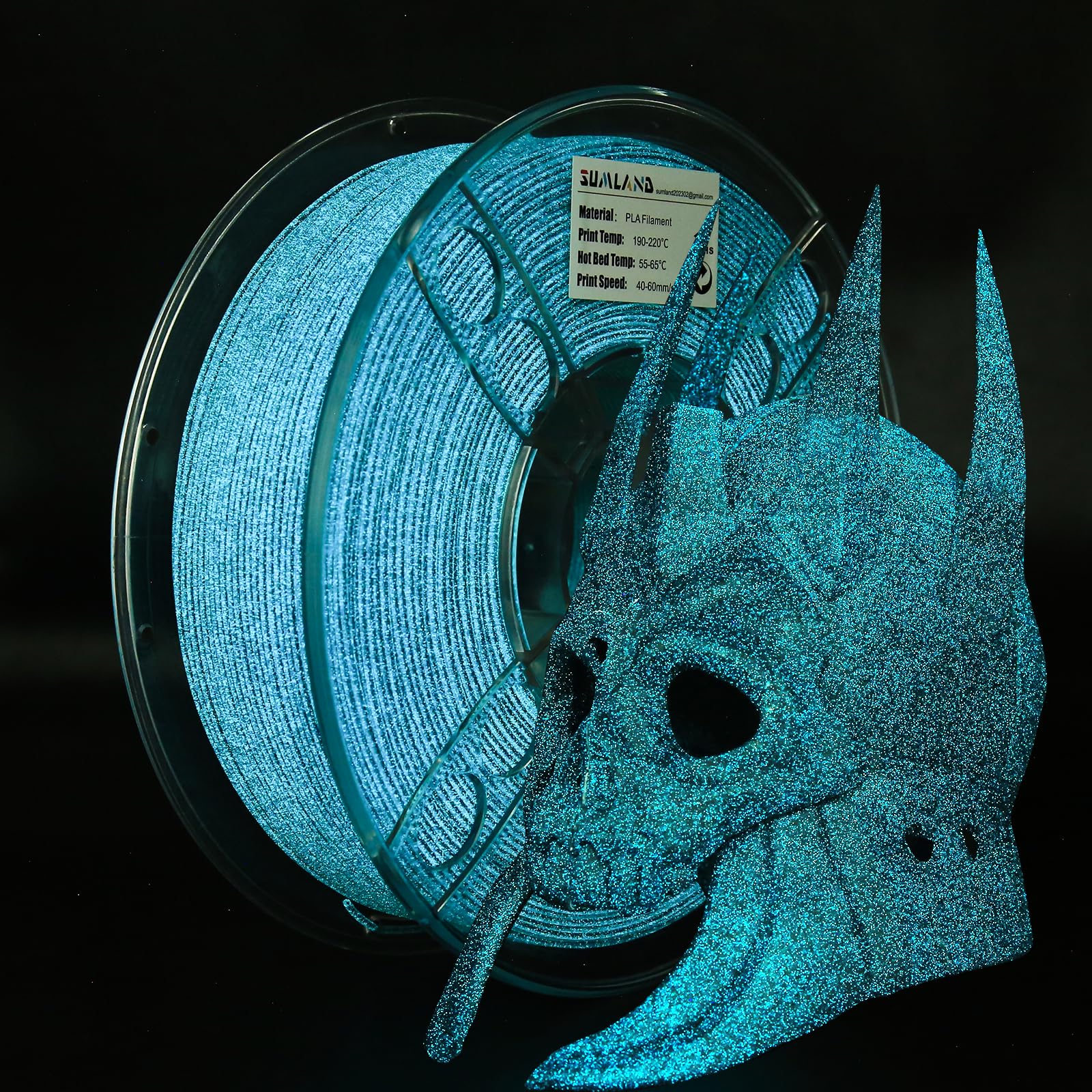Blue glitter SUMLAND filament with a luminous dragon print